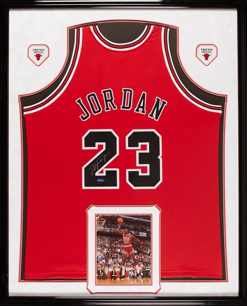 Michael Jordan Signed Chicago Bulls Red Mitchell & Ness Jersey in Frame (UDA)