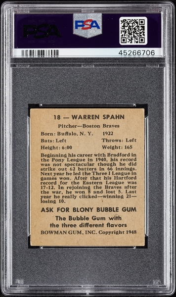 1948 Bowman Warren Spahn No. 18 PSA 4
