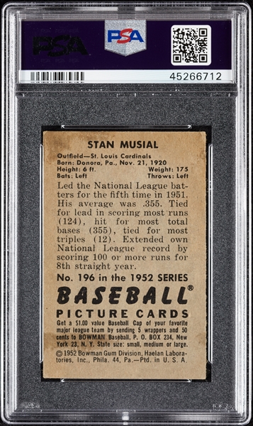 1952 Bowman Stan Musial No. 196 PSA 3