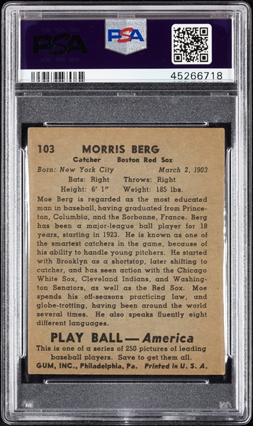 1939 Play Ball Moe Berg No. 103 PSA 4