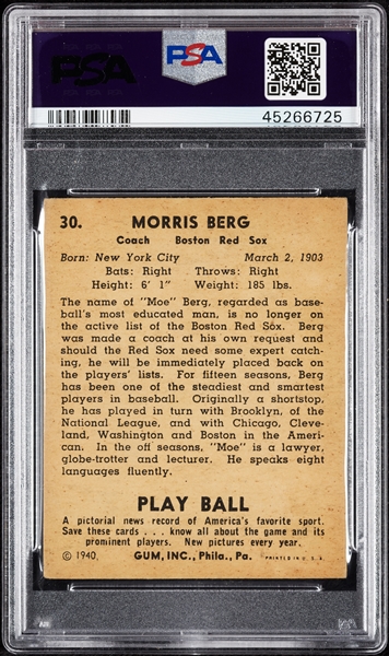 1940 Play Ball Moe Berg No. 30 PSA 5