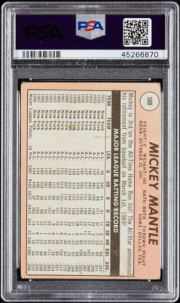 1969 Topps Mickey Mantle Last Name In White No. 500 PSA 1