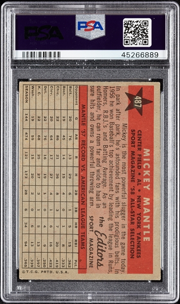 1958 Topps Mickey Mantle All-Star No. 487 PSA 6
