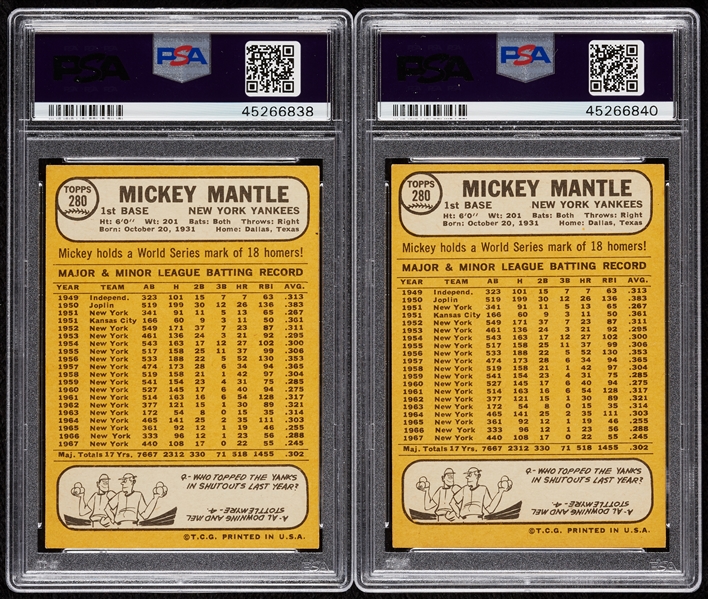 1968 Topps Mickey Mantle No. 280 PSA 4 Pair (2)