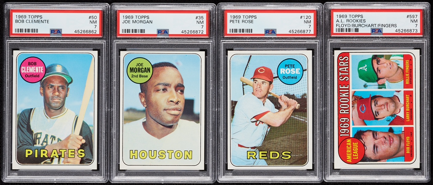 1969 Topps PSA 7 HOFer Group with Clemente, Rose, Fingers, Morgan (4)