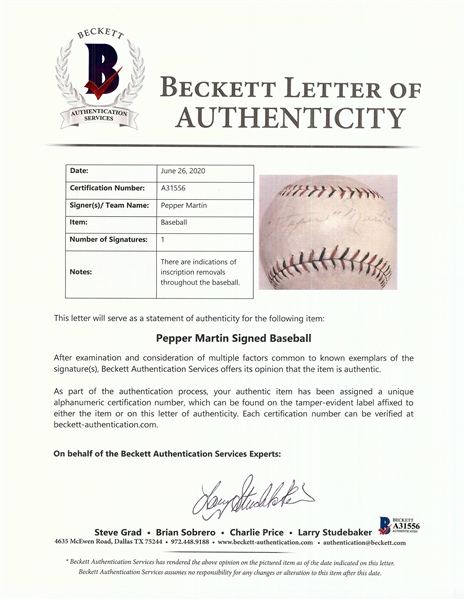 Pepper Martin Single-Signed Baseball (BAS)