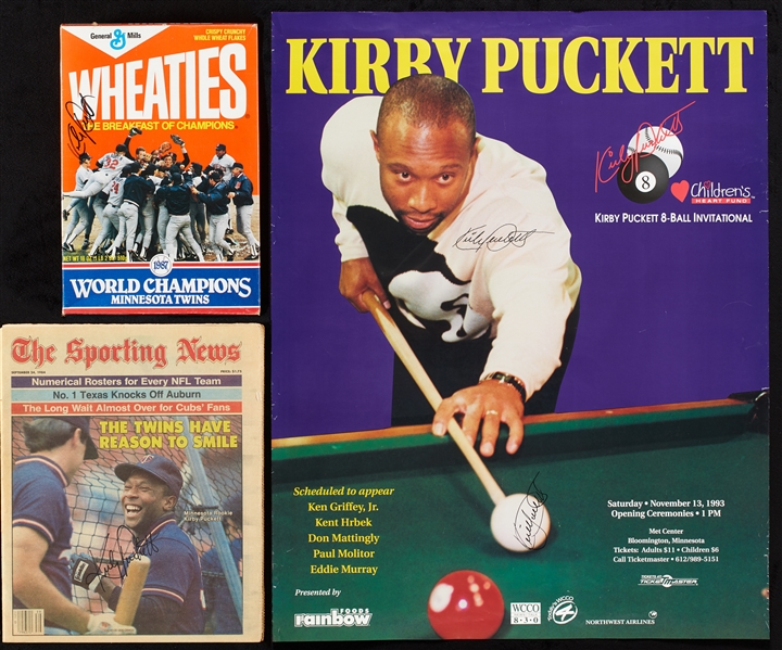 Kirby Puckett Signed Wheaties Box, Sporting News Cover & 8-Ball Tournament Poster (3)