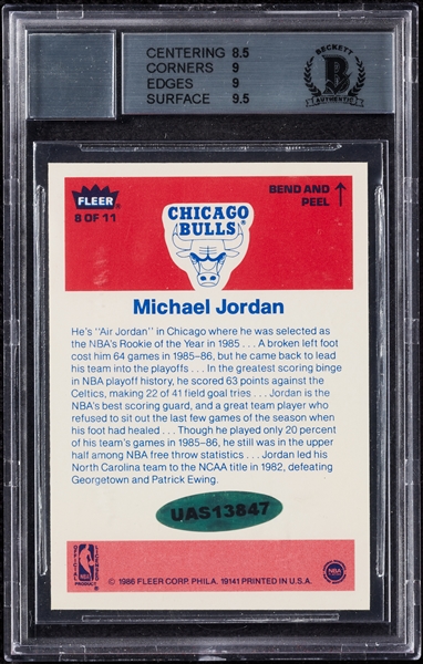 Michael Jordan Signed 1986-87 Fleer RC Sticker No. 8 BGS 9 (AUTO 10)