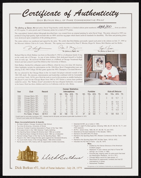 Dick Butkus Signed Hall of Fame Framed Print (434/510)
