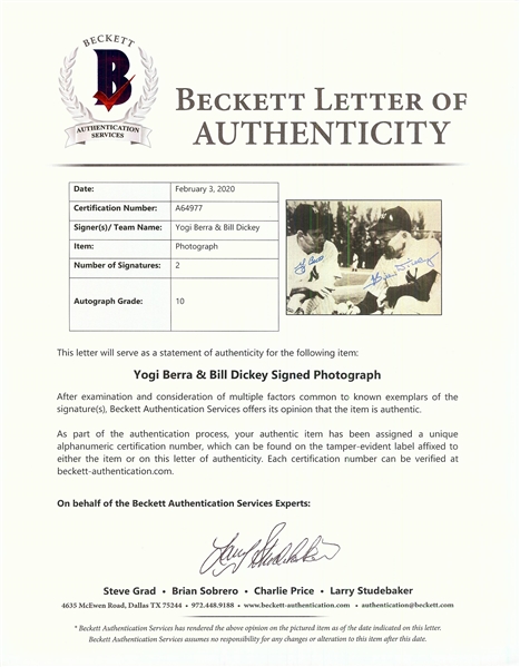 Yogi Berra & Bill Dickey Signed 8x10 Photo (Graded BAS 10)