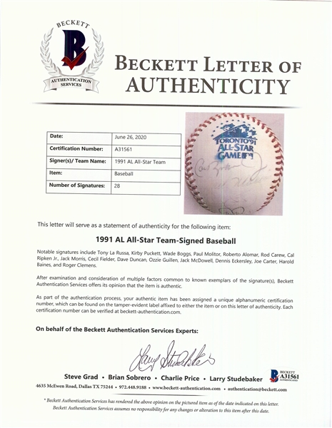 1991 American League All-Star Team Signed Baseball (28) (BAS)