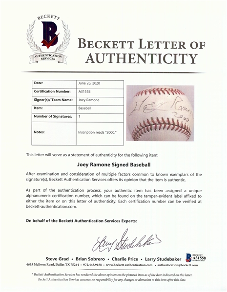 Joey Ramone Single-Signed OAL Baseball (BAS)