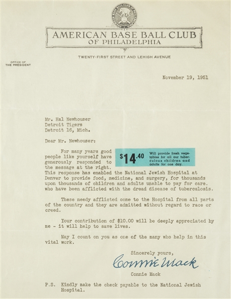 Connie Mack Signed Philadelphia Baseball Club Letter Display (1951) (Graded BAS 10)