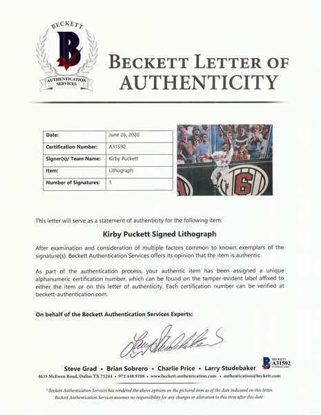 Kirby Puckett Signed Amazing Metrodome Catch Bill Purdom Lithograph (146/600) (BAS)