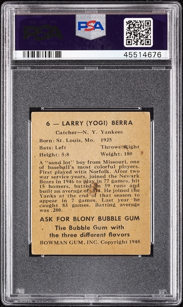 Yogi Berra Signed 1948 Bowman No. 6 RC PSA 3 (AUTO 10)