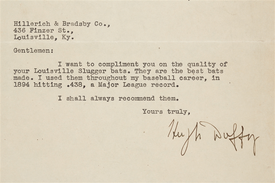 Hugh Duffy Signed Typed Letter to Louisville Slugger (1926) (BAS)