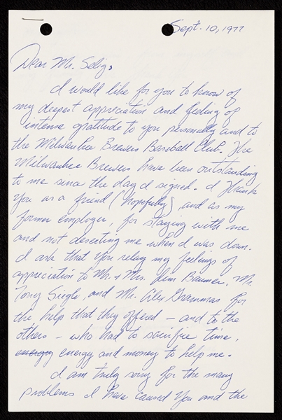 Danny Thomas Signed Handwritten Letter To Bud Selig with File (BAS)