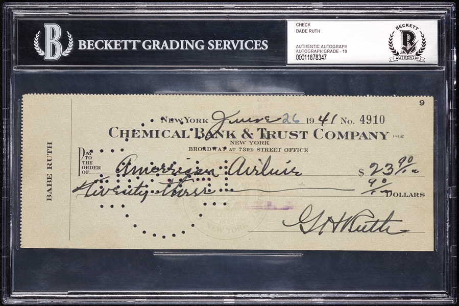 Babe Ruth Signed Check (June 26, 1941) (Graded BAS 10)