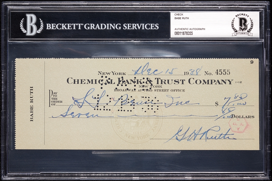 Babe Ruth Signed Check (Dec. 15, 1938) (BAS)