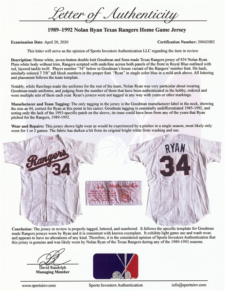 Nolan Ryan 1989-1992 Game-Used Texas Rangers Jersey (Sports Investors Authentication LOA)