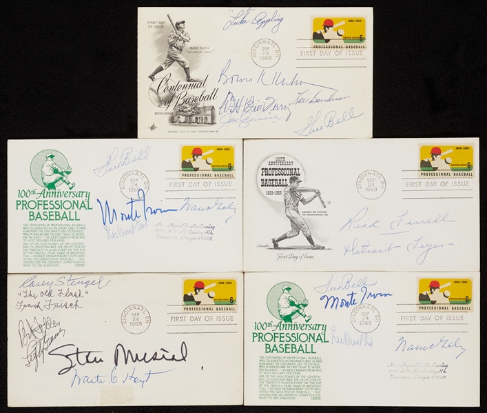 Multi-Signed 1969 FDC Group with Stengel, Frisch, Musial, Hoyt (5)
