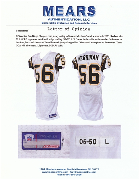 Shawne Merriman 2005 Game-Used Rookie Road Jersey (Team COA) (Graded MEARS A10)