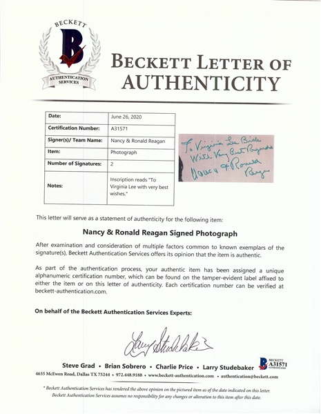 Ronald Reagan & Nancy Reagan Signed 8x10 Photo (BAS)