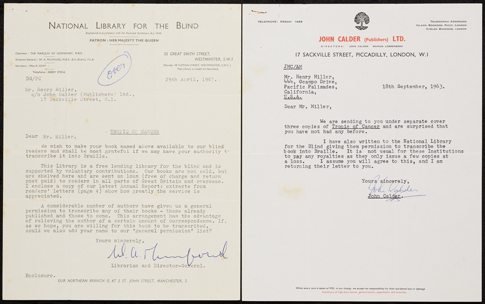 Henry Miller Signed Handwritten Letter (1963) (BAS)