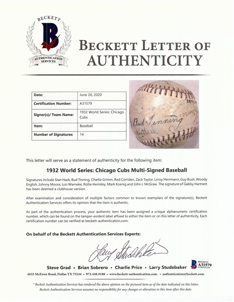 1932 Chicago Cubs World Series Multi-Signed Baseball (14) (BAS)