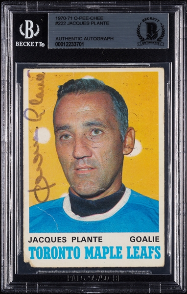 Jacques Plante Signed 1970 O-Pee-Chee No. 222 (BAS)