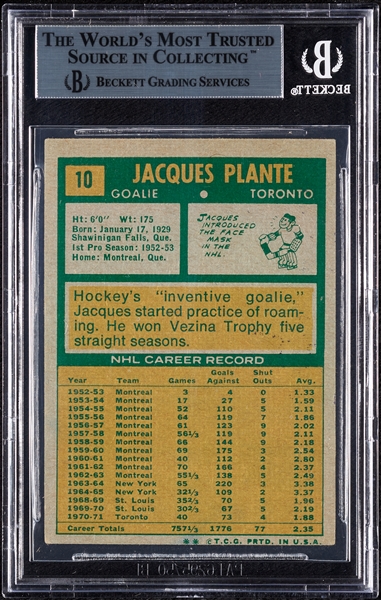 Jacques Plante Signed 1971 Topps No. 10 (BAS)