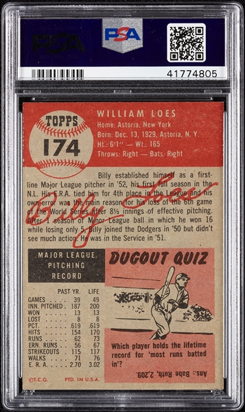1953 Topps Billy Loes No. 174 PSA 8.5 (Only 3 Graded Higher)
