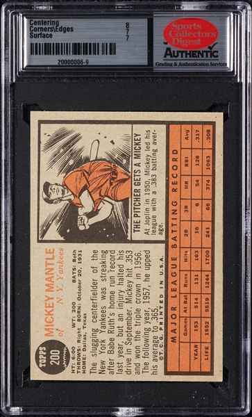 1962 Topps Mickey Mantle No. 200 SCD 7 (Fritsch Collection)
