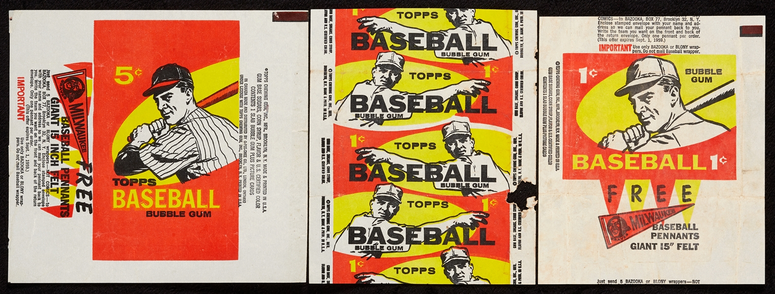 1959 Topps Baseball One and Five-Cent Wrappers (3) 