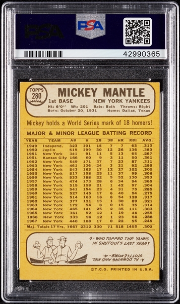 1968 Topps Mickey Mantle No. 280 PSA 6
