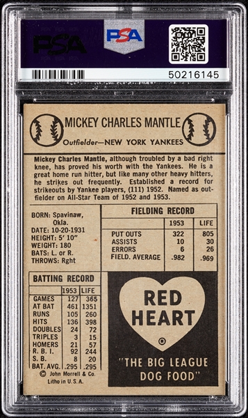 1954 Red Heart Mickey Mantle PSA 6