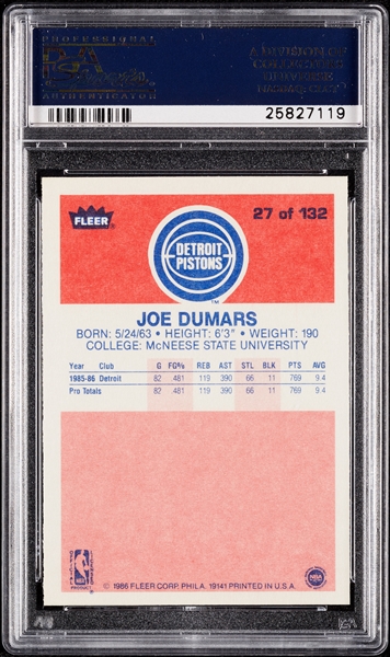 1986 Fleer Joe Dumars No. 27 PSA 10