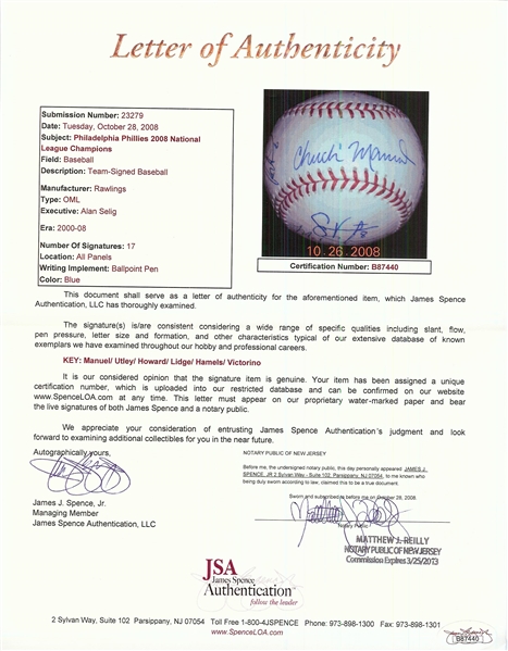 2008 Philadelphia Phillies World Champs Team-Signed OML Baseball (17) (JSA)