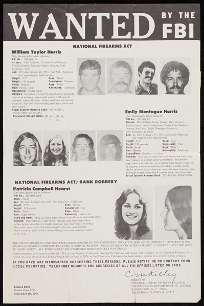 1974 FBI Wanted Poster for Patty Hearst, SLA Members