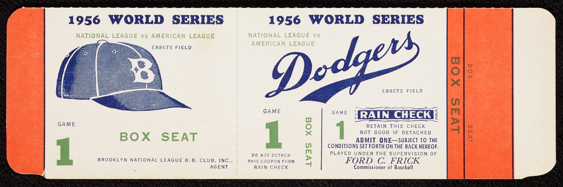 1956 Brooklyn Dodgers World Series Game 1 Proof Full Ticket