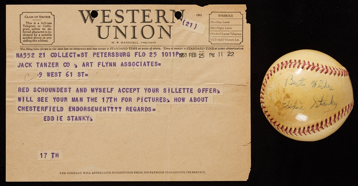 Eddie Stanky Single-Signed ONL Baseball with Western Union Telegram (2) (BAS)