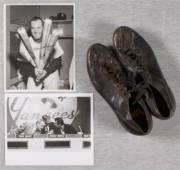 Hank Bauer Game-Worn Spikes, Signed 8-by-10 Photo and Group Photo (3)