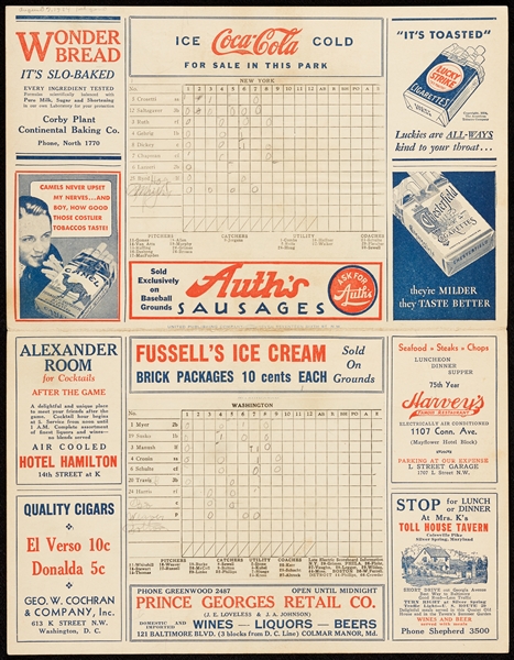 1934 Washington Senators Scorecard vs. Yankees With Ruth, Gehrig