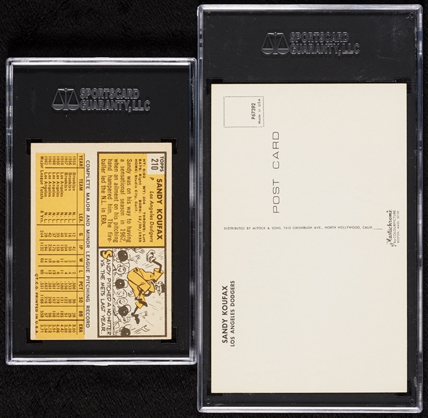 Sandy Koufax SGC-Graded 1963 Topps & 1962-64 Plastichrome Postcard Pair (2)