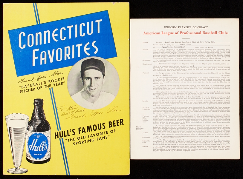 Frank Spec Shea Signed 1947 Player Contract & Hull's Beer Broadside (2)