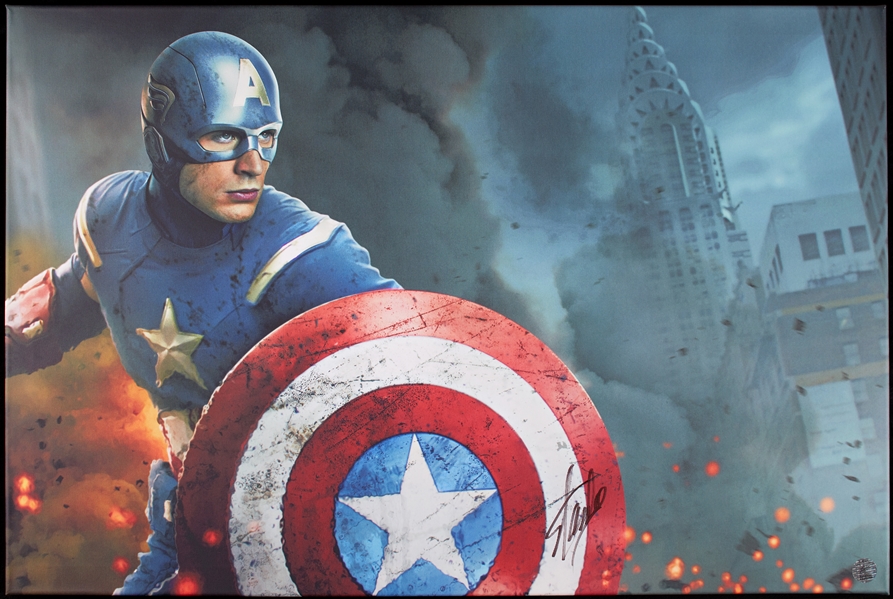 Stan Lee Signed Captain America Canvas 36x24 Print (Lee Hologram) (BAS)