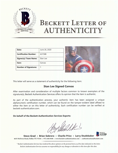 Stan Lee Signed Captain America Canvas 36x24 Print (Lee Hologram) (BAS)