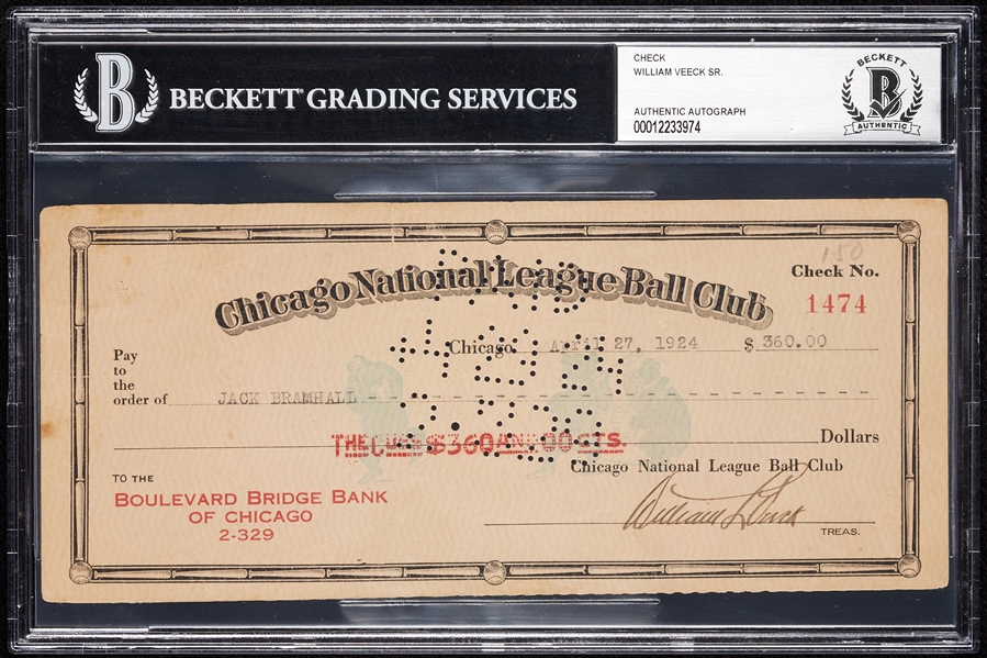 Bill Veeck Sr. Signed Chicago National League Ball Club Check (1924) (BAS)