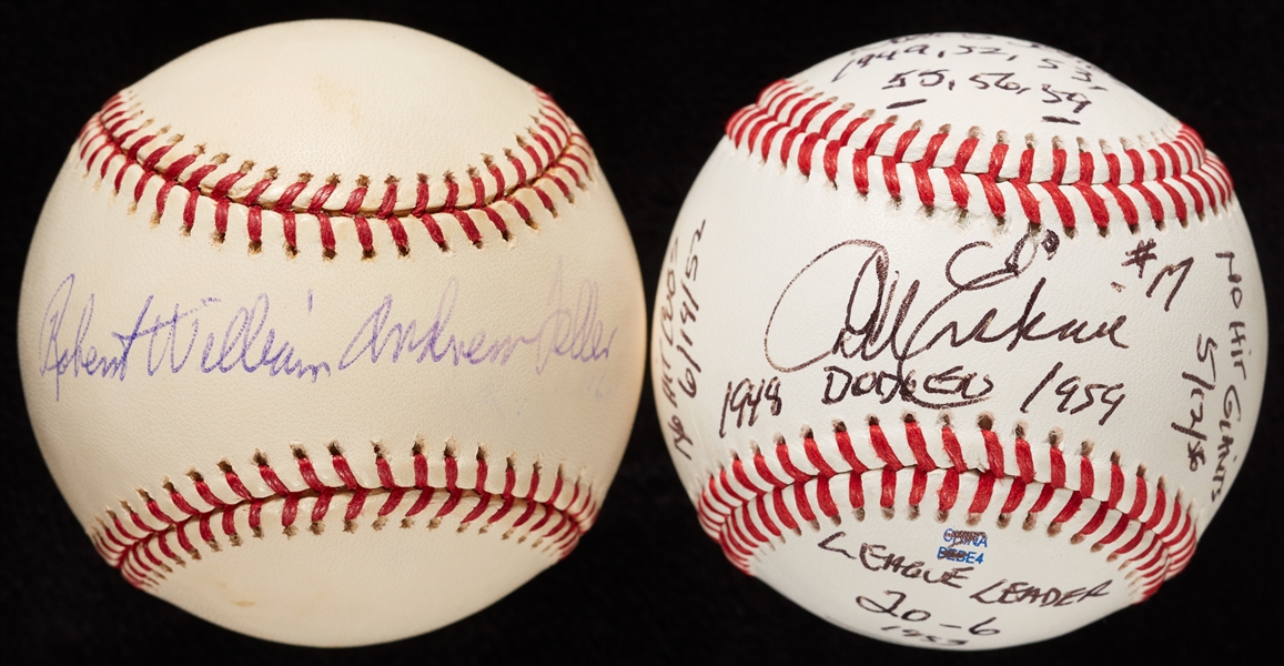 Bob Feller Full Name & Carl Erskine STAT Signed Baseballs (2)