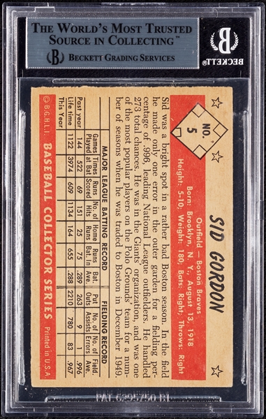 Sid Gordon Signed 1953 Bowman Color No. 5 (BAS)